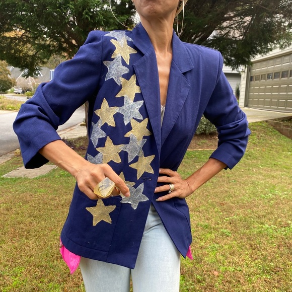 OOAK handpainted stars navy blazer 80s jacket M - Picture 2 of 5